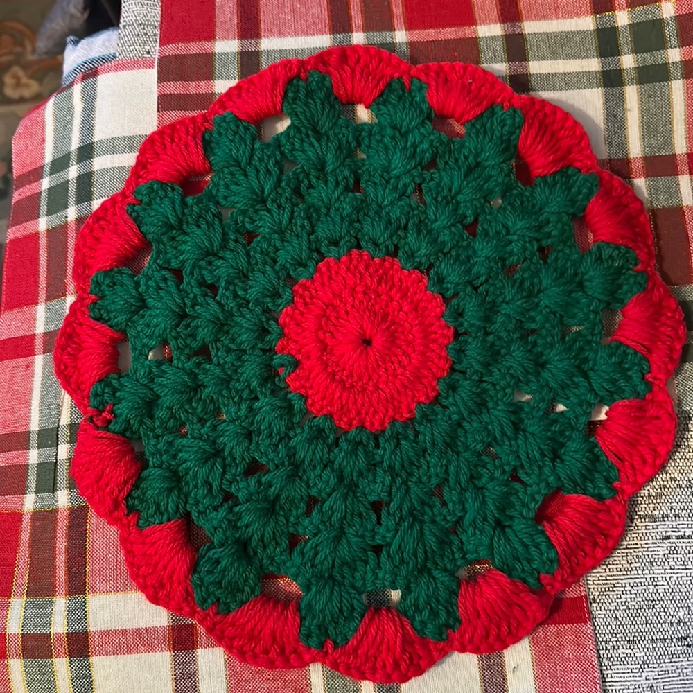 Vintage Crochet Doily Red and Green